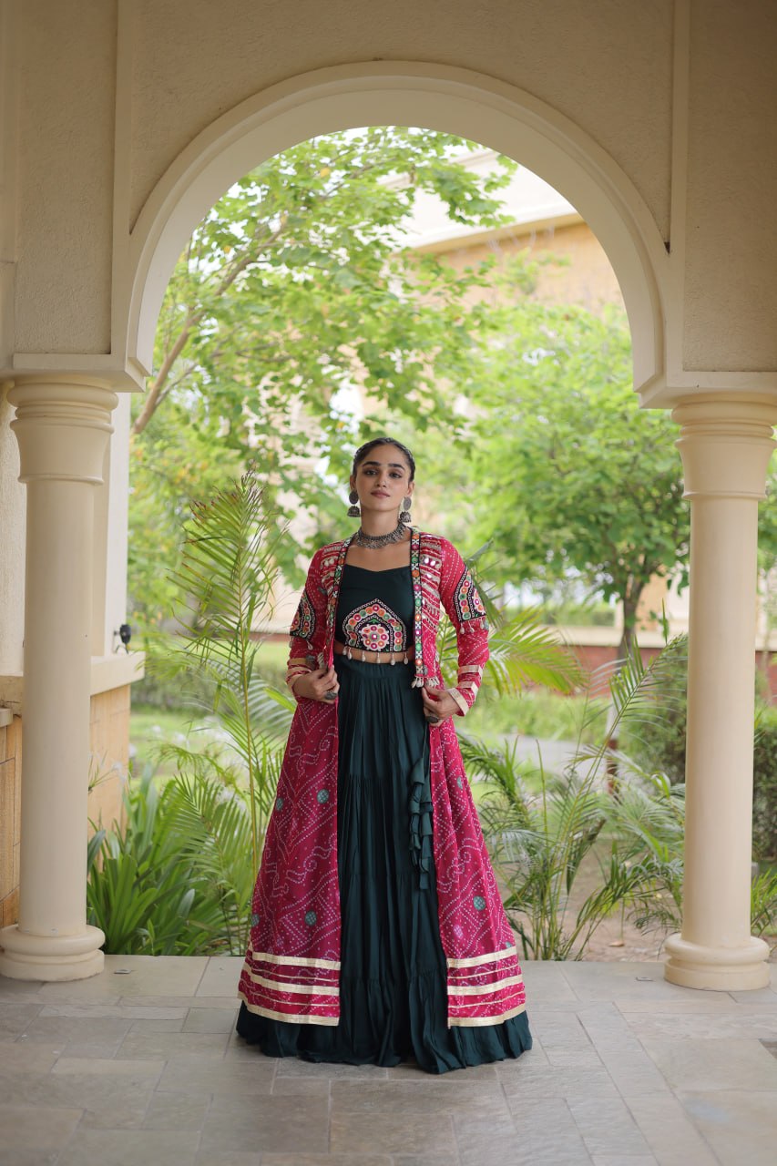 Navratri Special Rayon Lehenga Choli with Bandhani Shrug