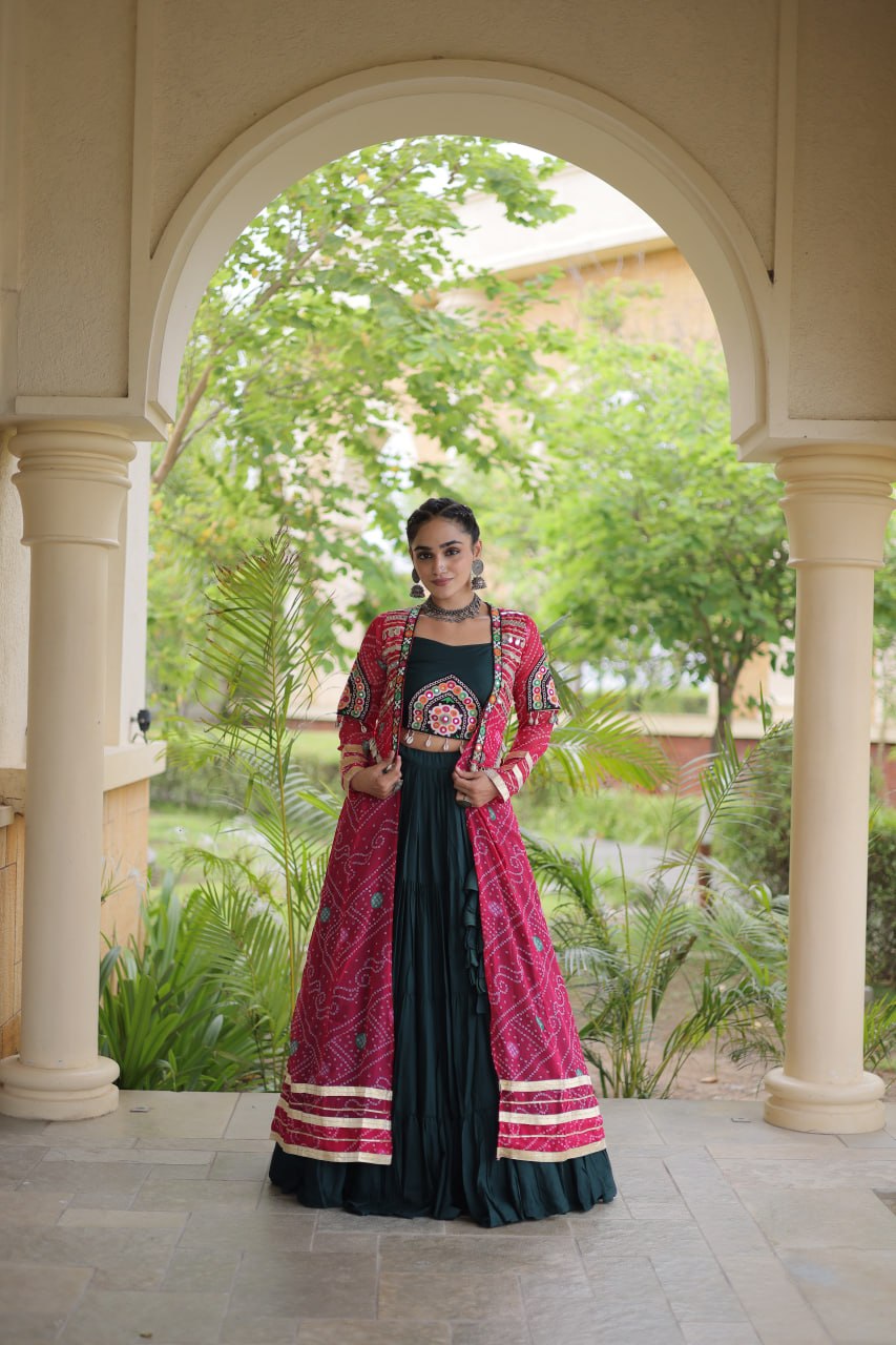 Navratri Special Rayon Lehenga Choli with Bandhani Shrug