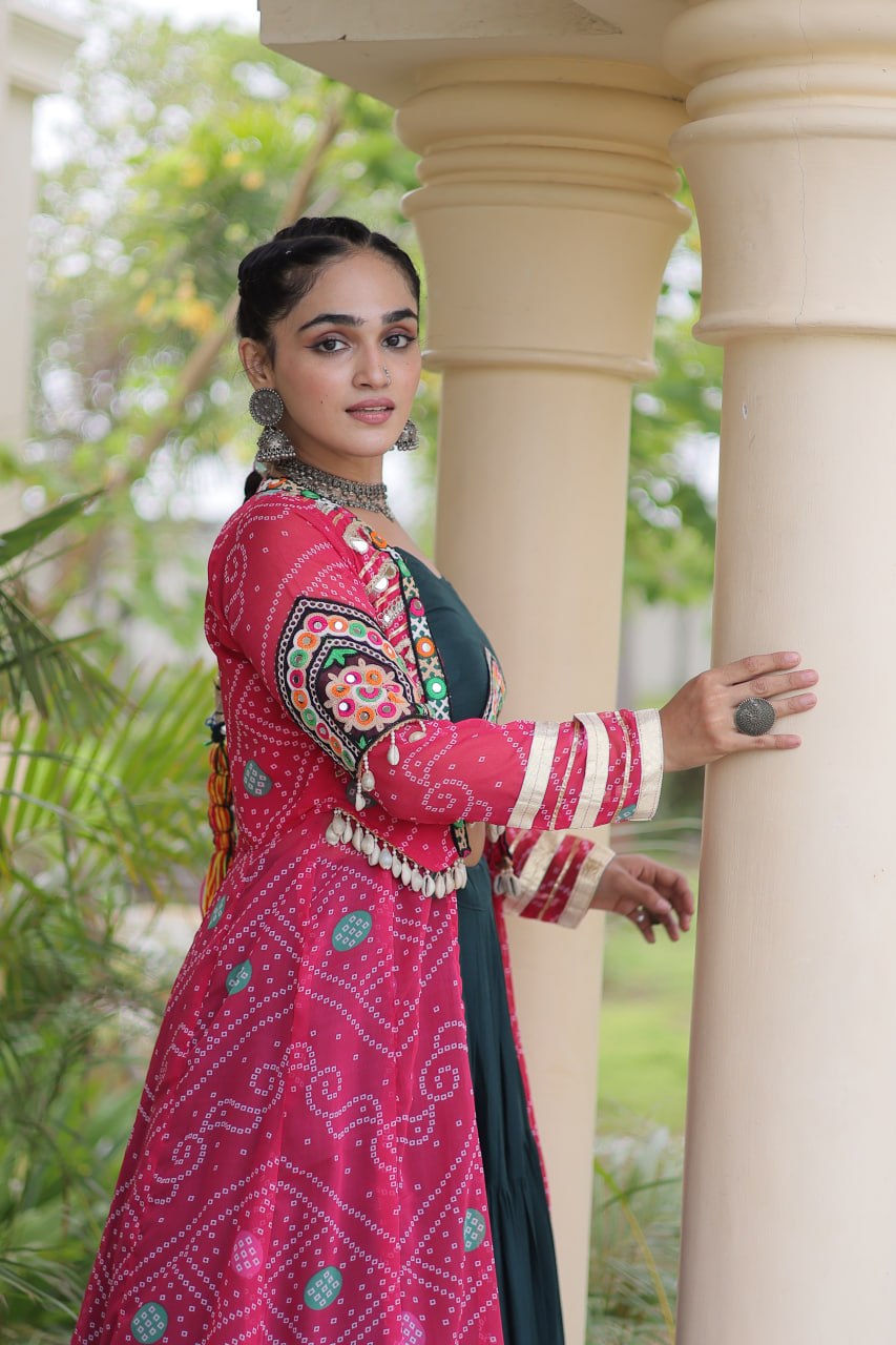 Navratri Special Rayon Lehenga Choli with Bandhani Shrug