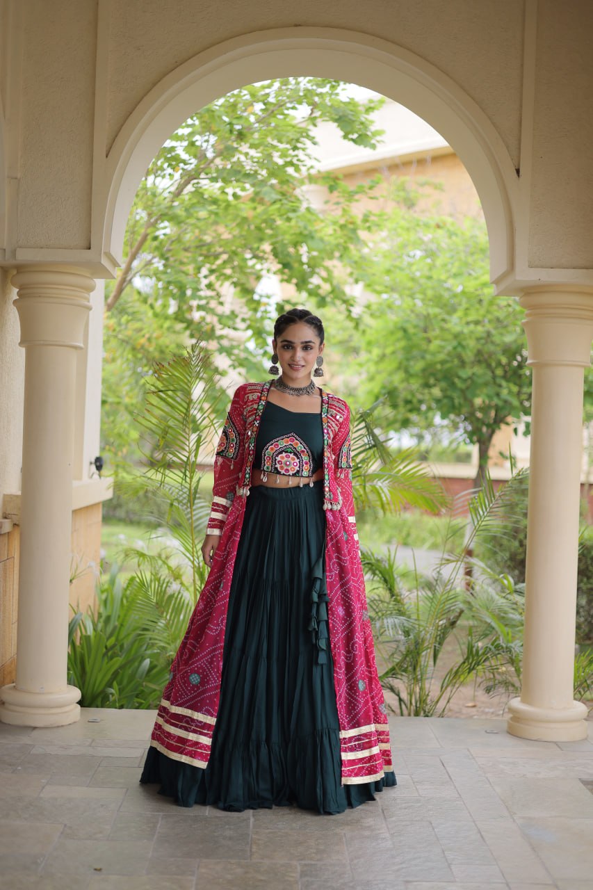 Navratri Special Rayon Lehenga Choli with Bandhani Shrug