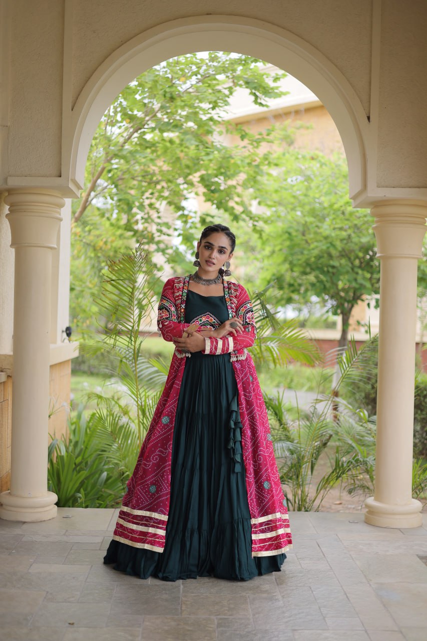 Navratri Special Rayon Lehenga Choli with Bandhani Shrug
