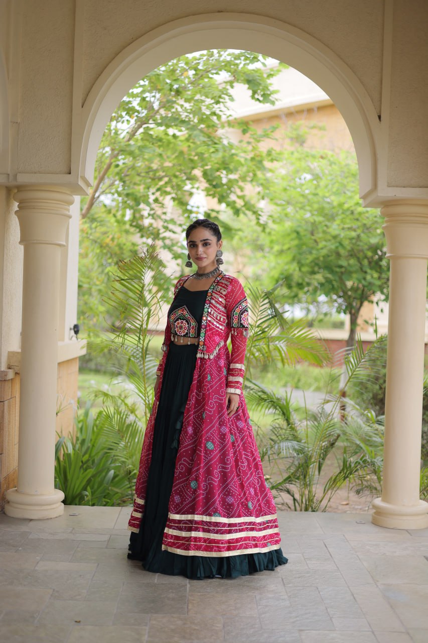 Navratri Special Rayon Lehenga Choli with Bandhani Shrug