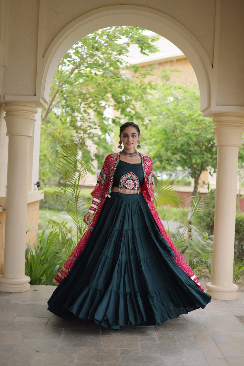 Navratri Special Rayon Lehenga Choli with Bandhani Shrug