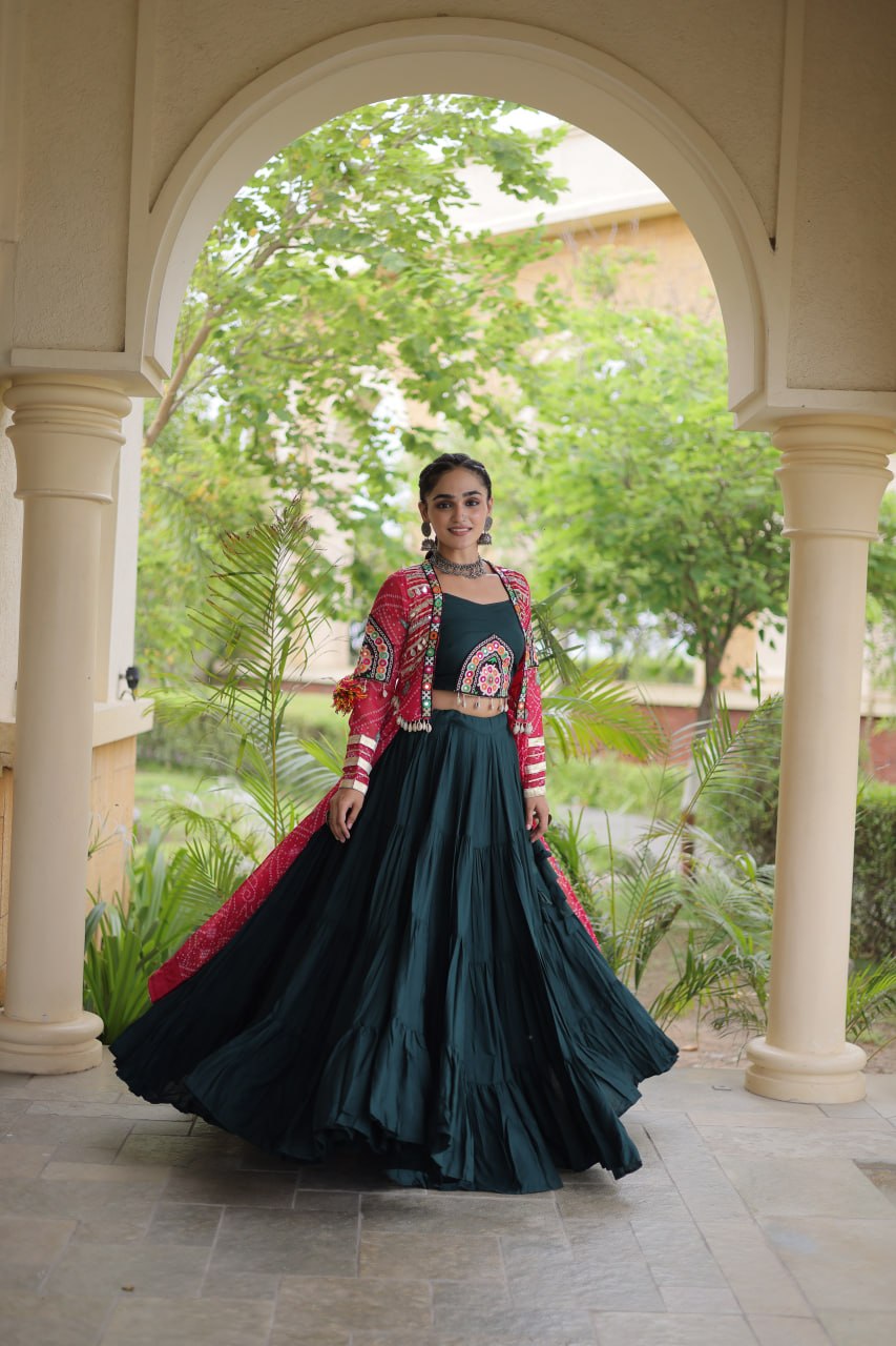 Navratri Special Rayon Lehenga Choli with Bandhani Shrug