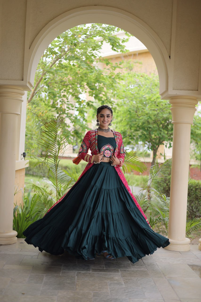 Navratri Special Rayon Lehenga Choli with Bandhani Shrug