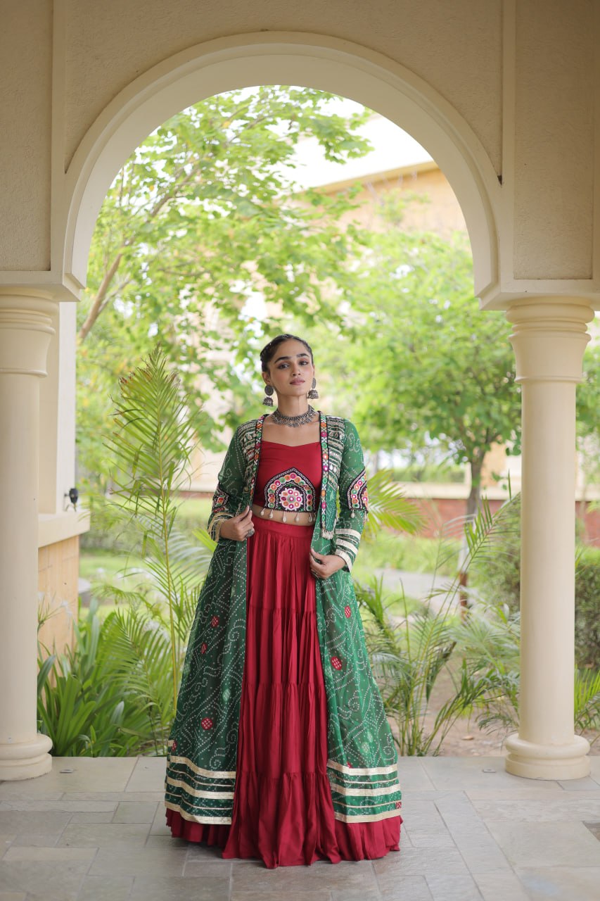 Navratri Special Rayon Lehenga Choli with Bandhani Shrug
