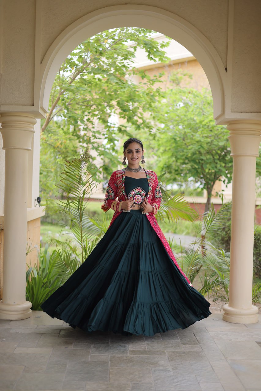 Navratri Special Rayon Lehenga Choli with Bandhani Shrug