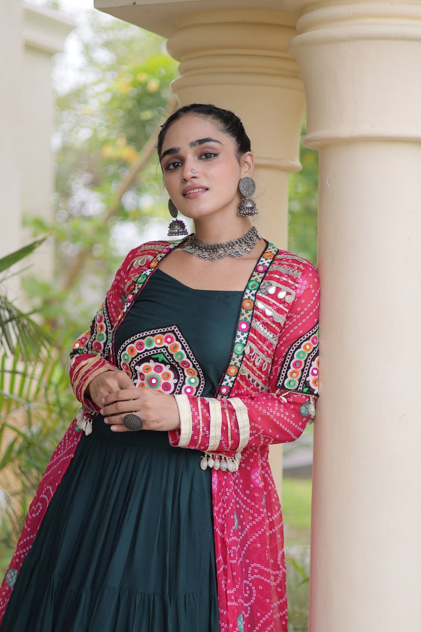 Navratri Special Rayon Lehenga Choli with Bandhani Shrug