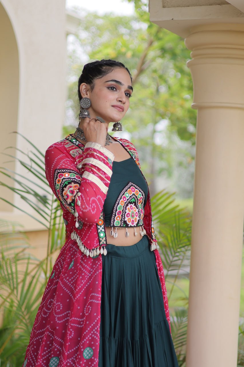 Navratri Special Rayon Lehenga Choli with Bandhani Shrug