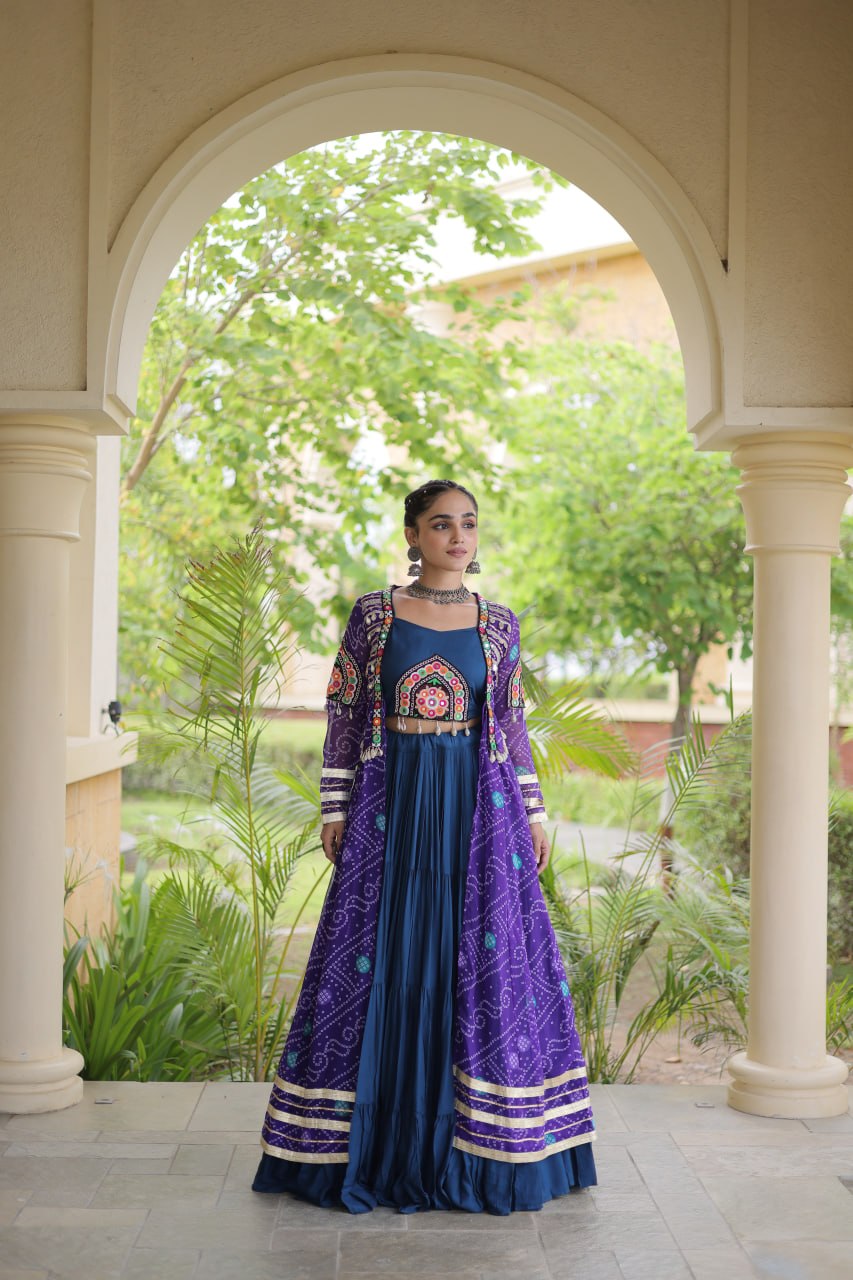 Navratri Special Rayon Lehenga Choli with Bandhani Shrug