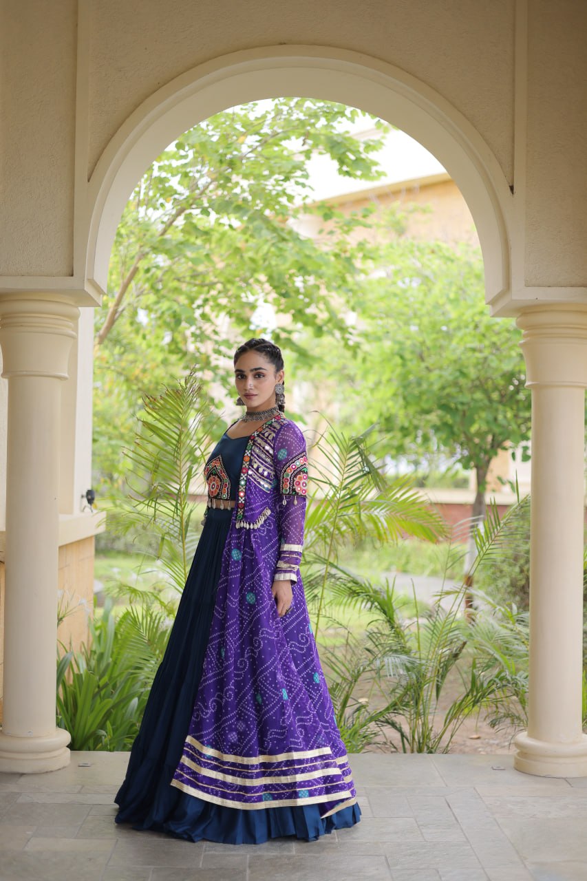 Navratri Special Rayon Lehenga Choli with Bandhani Shrug