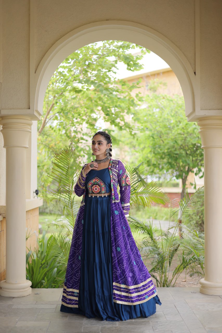 Navratri Special Rayon Lehenga Choli with Bandhani Shrug