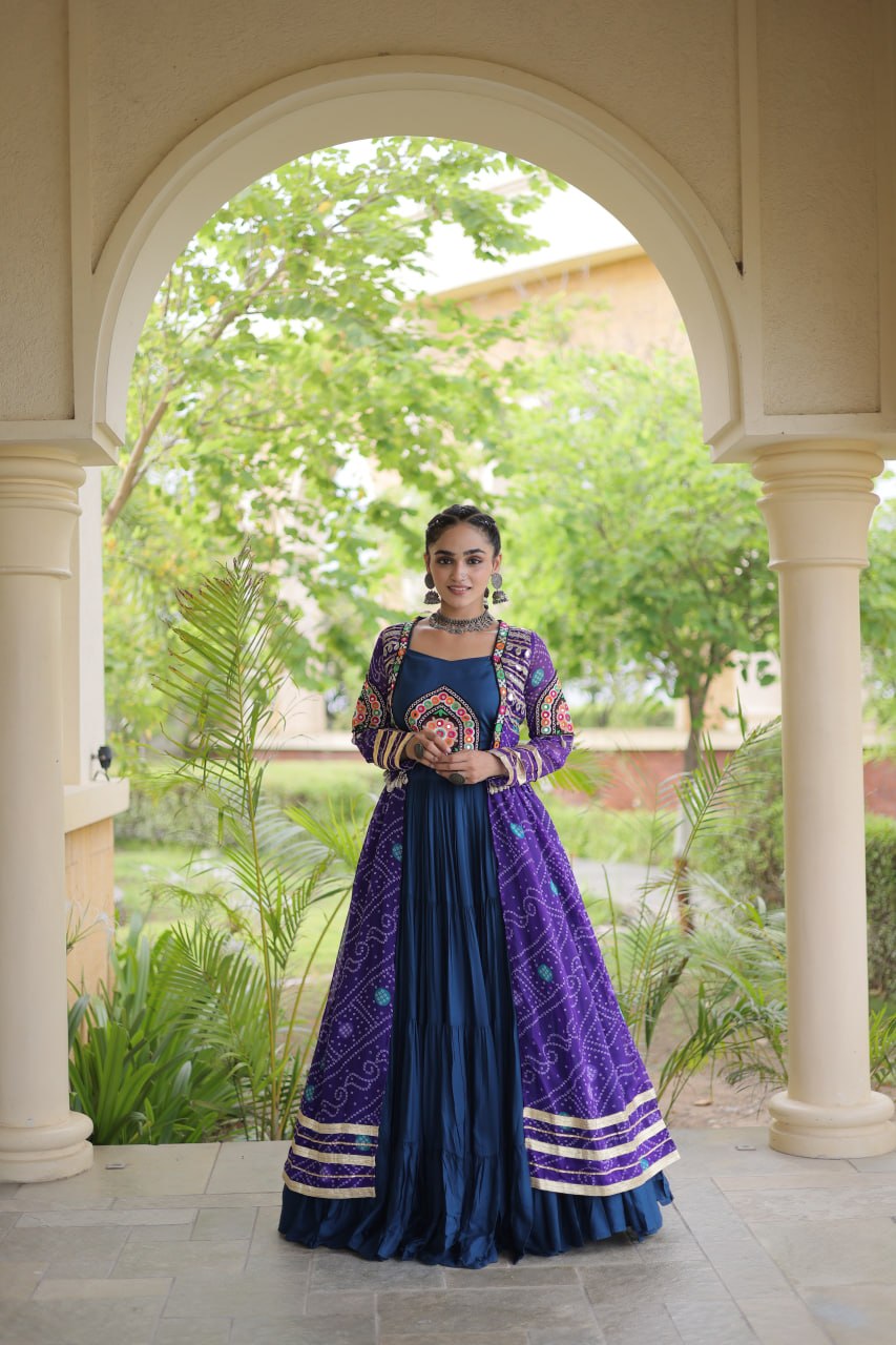 Navratri Special Rayon Lehenga Choli with Bandhani Shrug