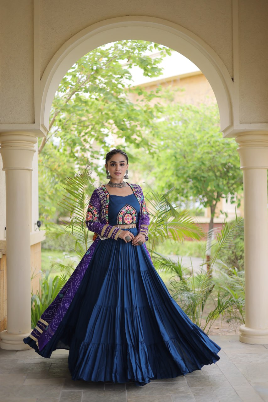 Navratri Special Rayon Lehenga Choli with Bandhani Shrug
