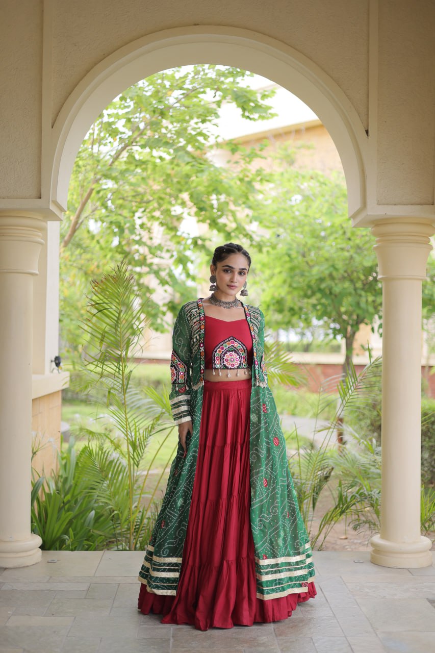 Navratri Special Rayon Lehenga Choli with Bandhani Shrug