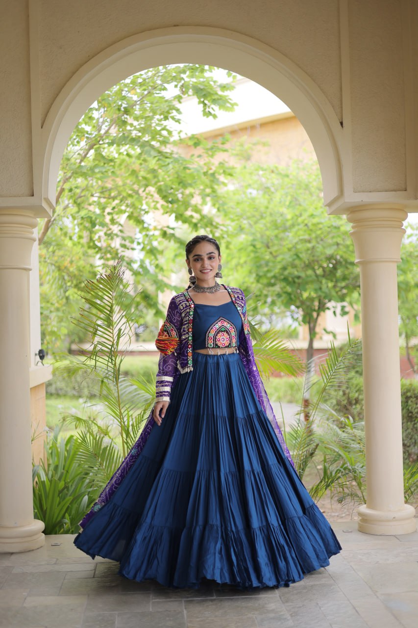 Navratri Special Rayon Lehenga Choli with Bandhani Shrug