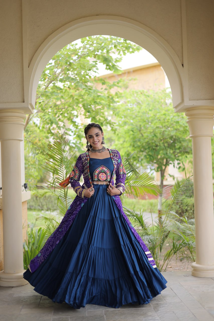 Navratri Special Rayon Lehenga Choli with Bandhani Shrug