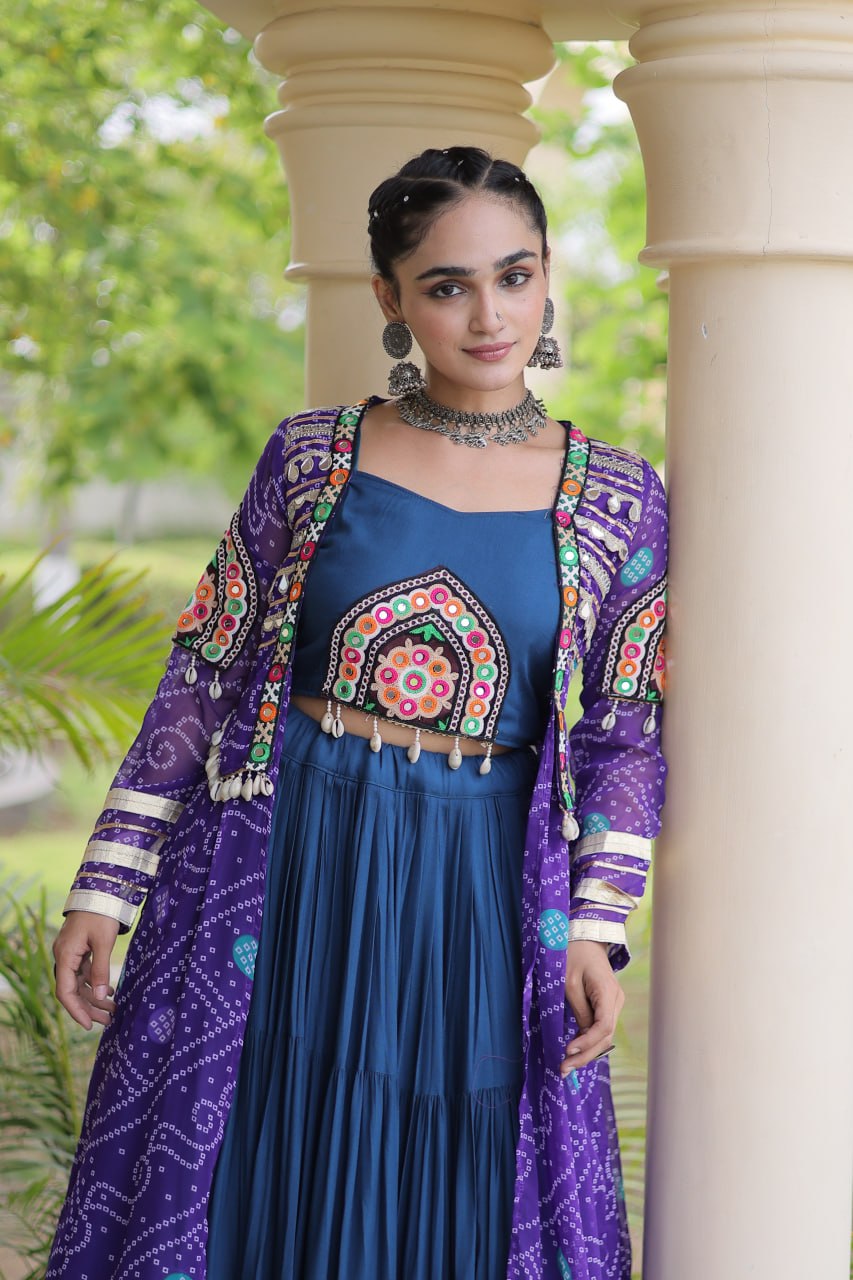 Navratri Special Rayon Lehenga Choli with Bandhani Shrug