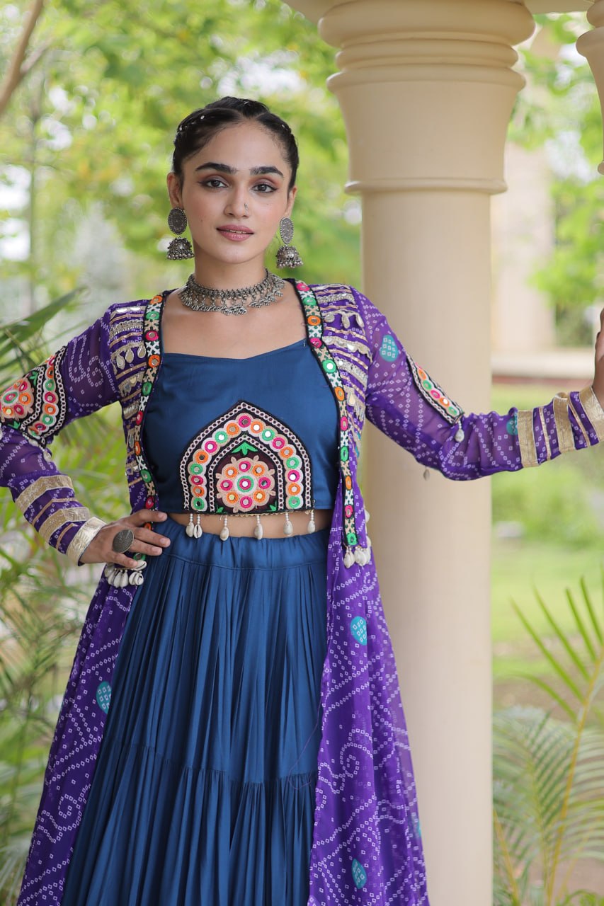 Navratri Special Rayon Lehenga Choli with Bandhani Shrug