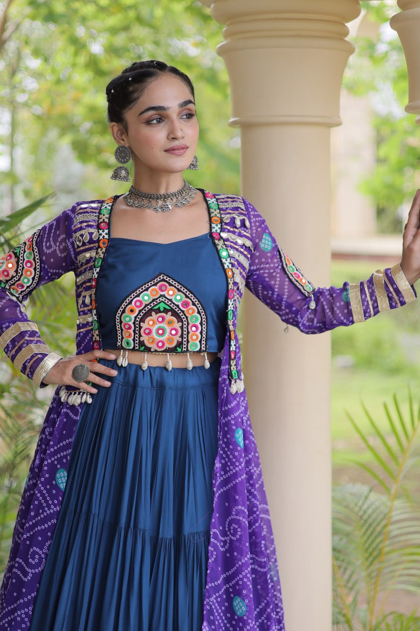 Navratri Special Rayon Lehenga Choli with Bandhani Shrug