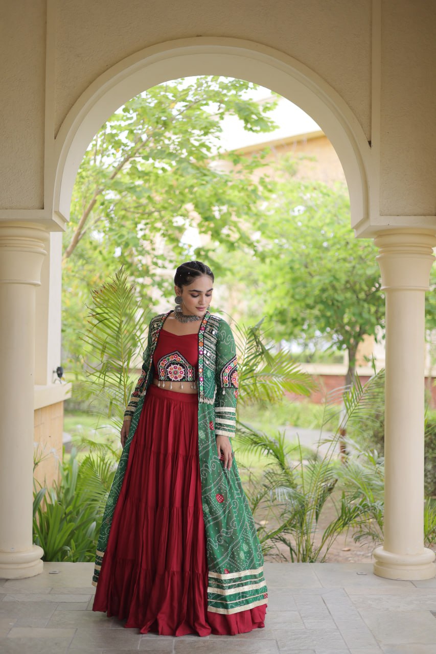 Navratri Special Rayon Lehenga Choli with Bandhani Shrug