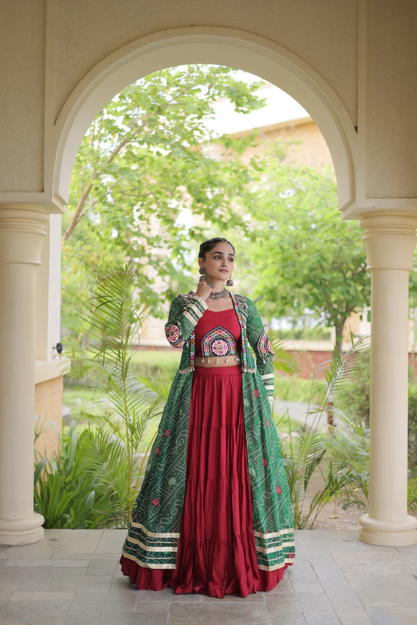 Navratri Special Rayon Lehenga Choli with Bandhani Shrug