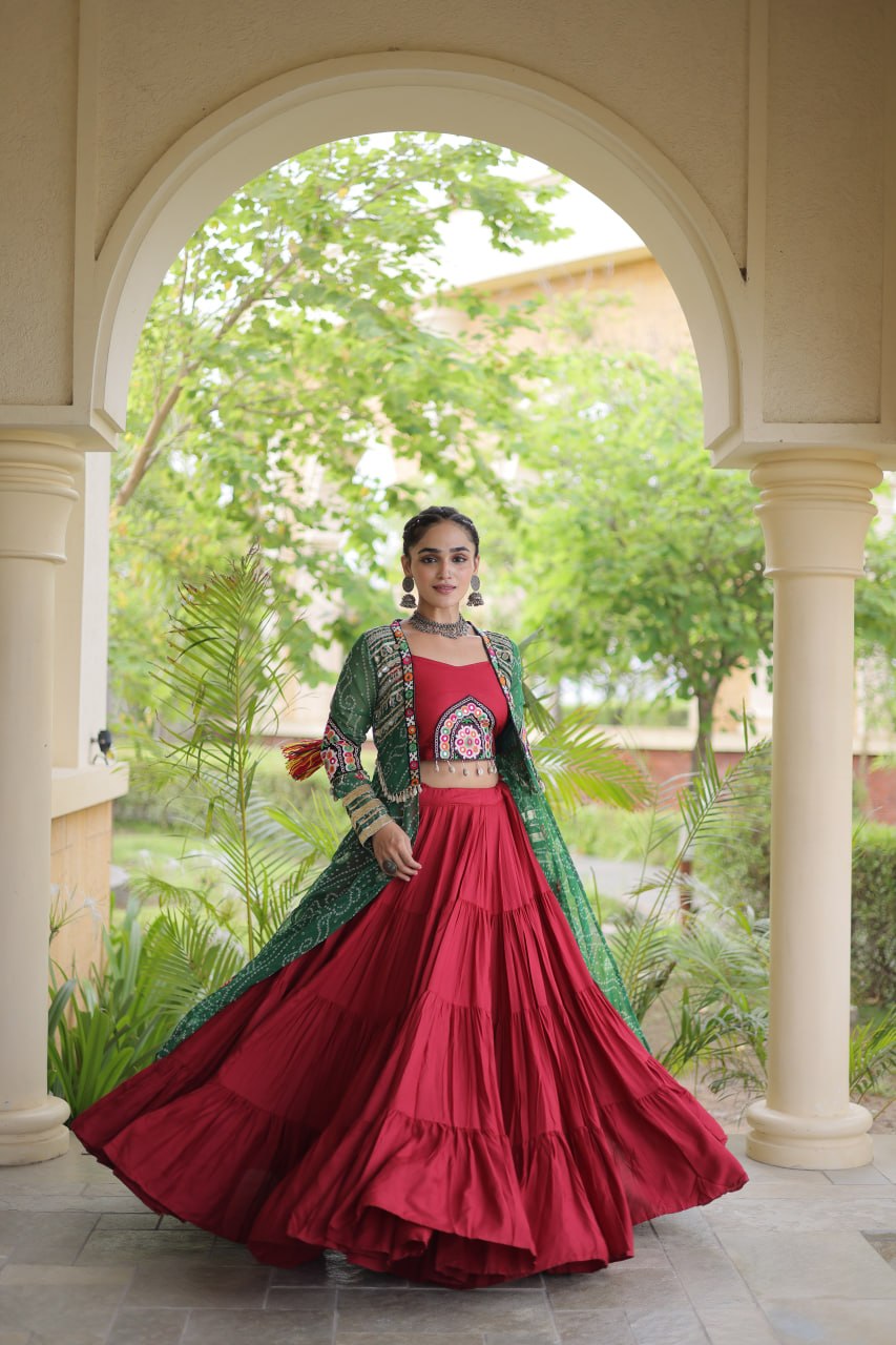Navratri Special Rayon Lehenga Choli with Bandhani Shrug