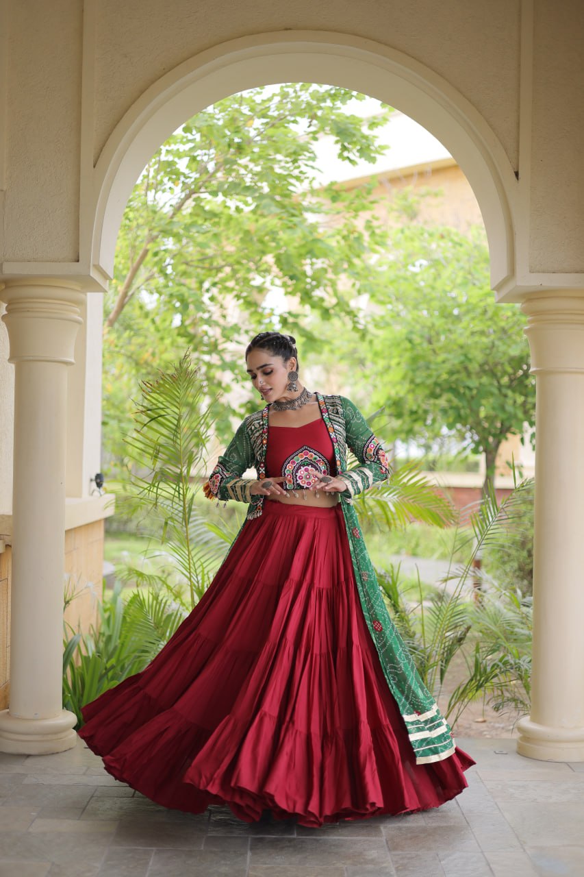 Navratri Special Rayon Lehenga Choli with Bandhani Shrug