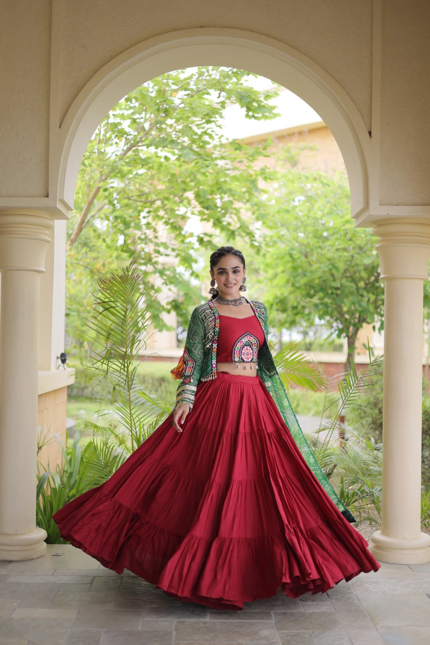 Navratri Special Rayon Lehenga Choli with Bandhani Shrug