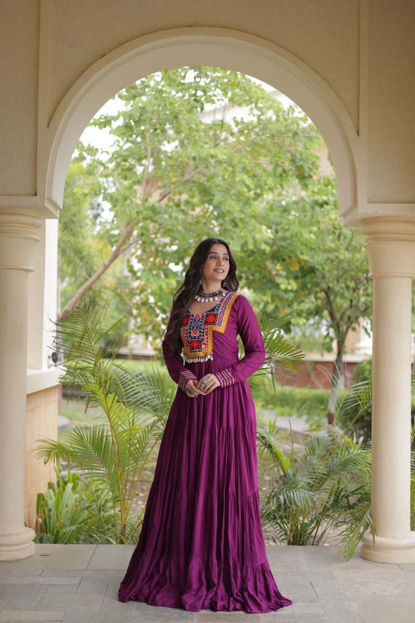 Navratri Special Reyon Gown with Kutchi Gamthi Embroidery