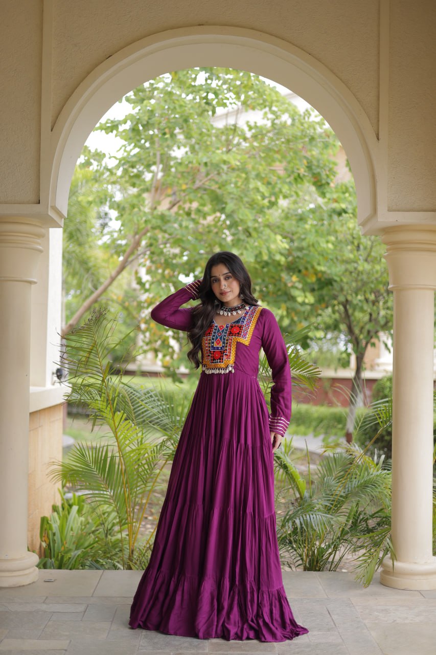 Navratri Special Reyon Gown with Kutchi Gamthi Embroidery