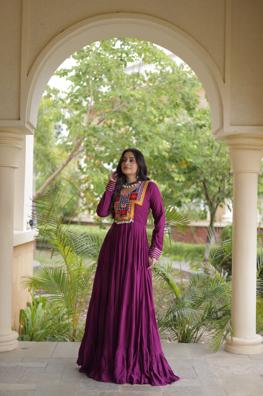 Navratri Special Reyon Gown with Kutchi Gamthi Embroidery