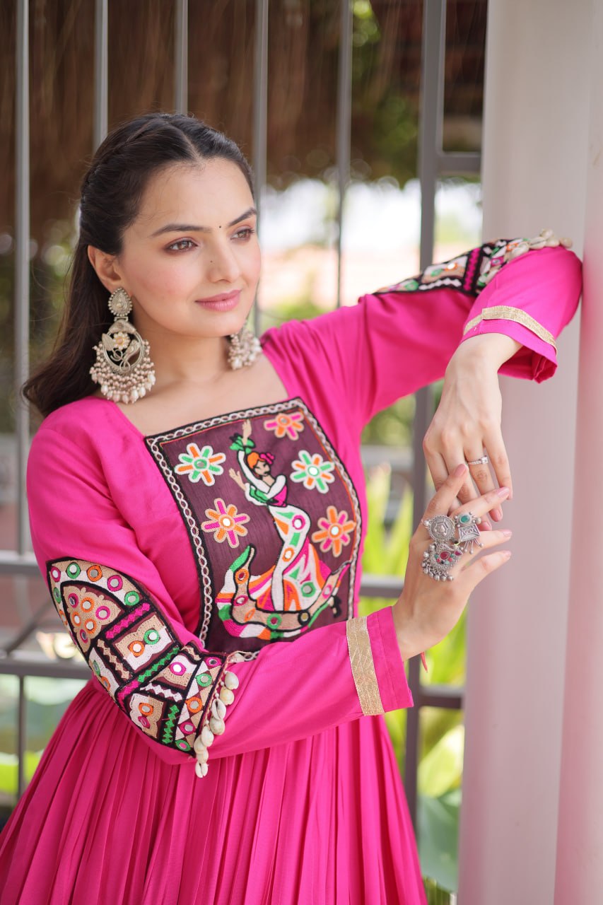 Navratri Special Reyon Gown with Kutchi Gamthi Thread Work
