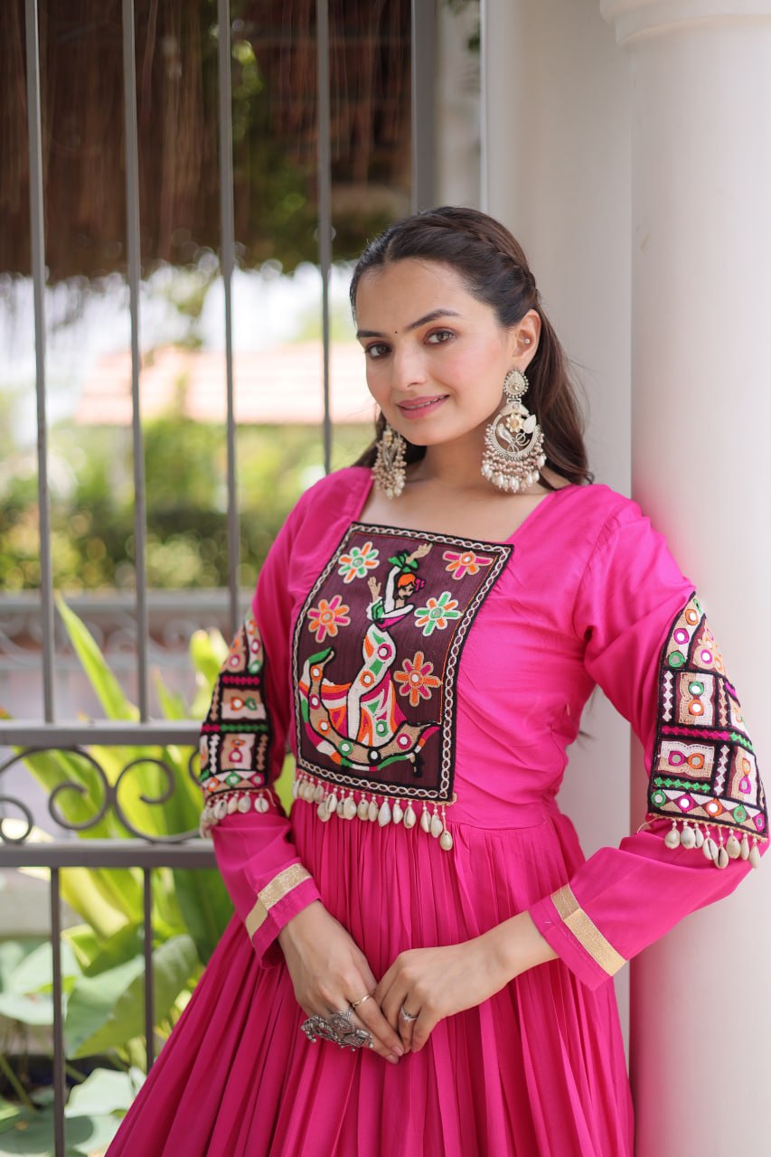 Navratri Special Reyon Gown with Kutchi Gamthi Thread Work