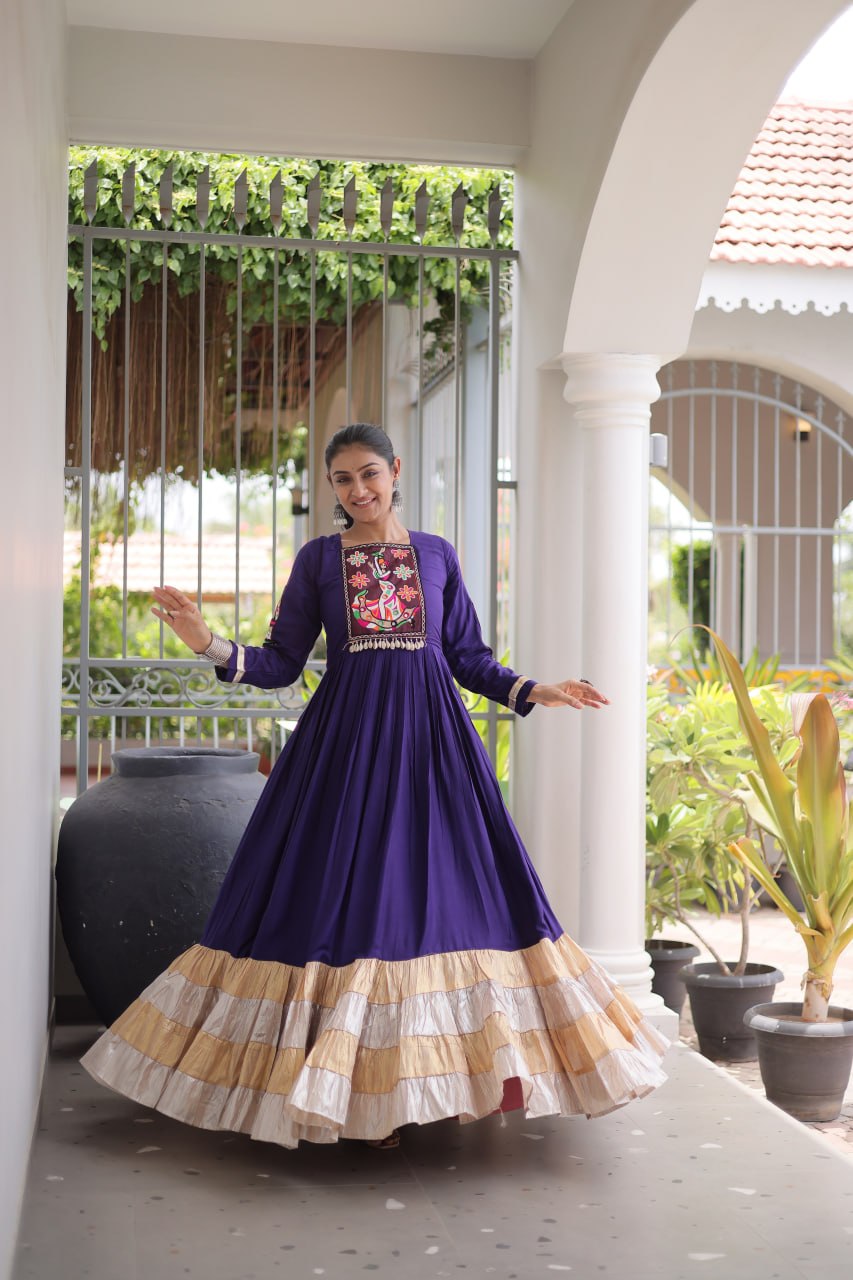 Navratri Special Reyon Gown with Kutchi Gamthi Thread Work