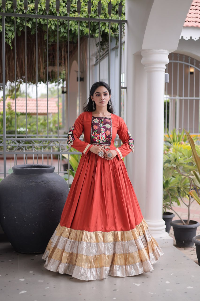 Navratri Special Reyon Gown with Kutchi Gamthi Thread Work
