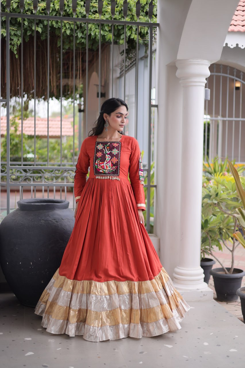 Navratri Special Reyon Gown with Kutchi Gamthi Thread Work