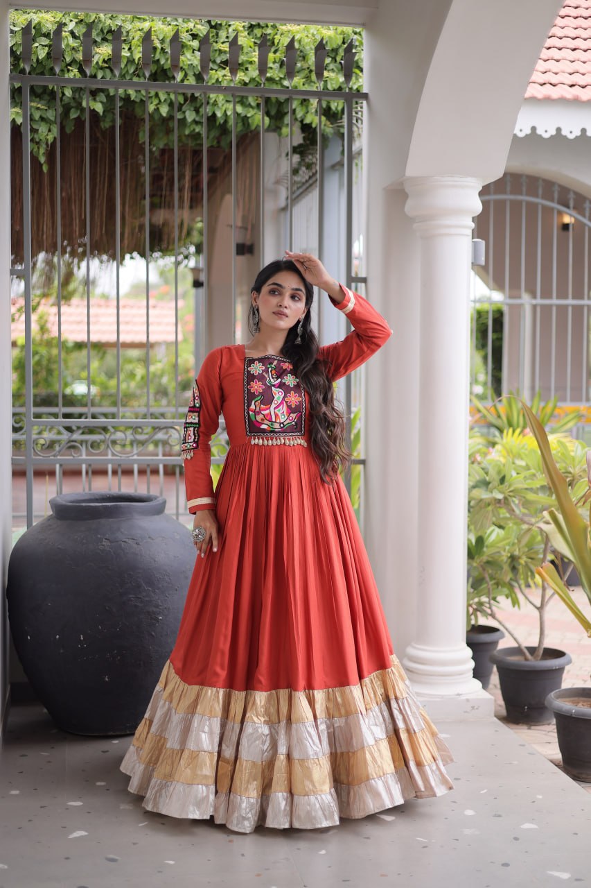 Navratri Special Reyon Gown with Kutchi Gamthi Thread Work