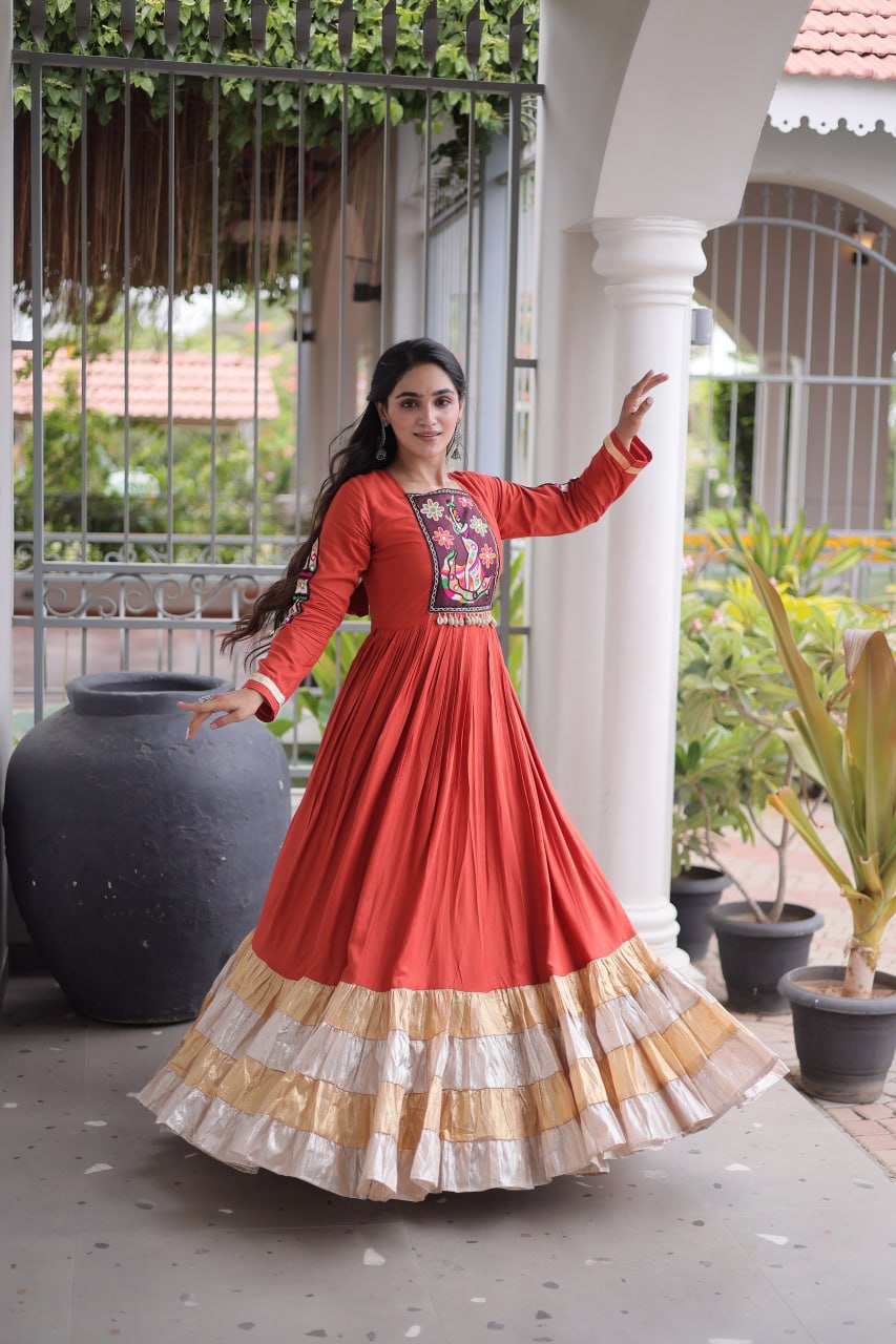 Navratri Special Reyon Gown with Kutchi Gamthi Thread Work
