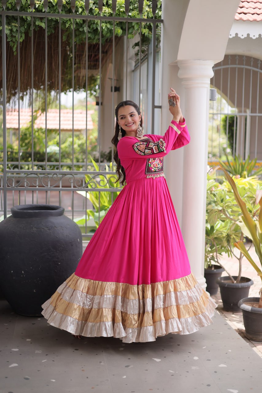Navratri Special Reyon Gown with Kutchi Gamthi Thread Work