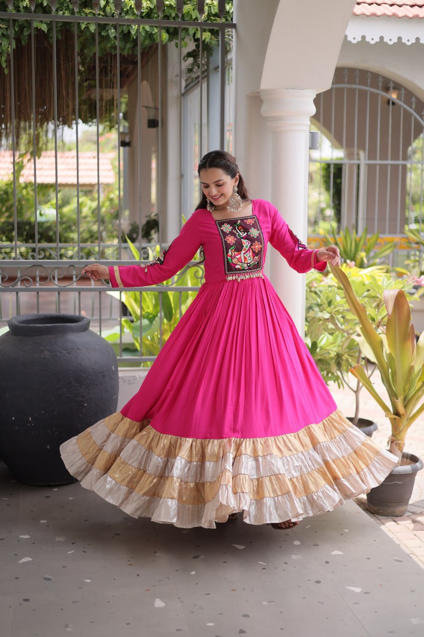 Navratri Special Reyon Gown with Kutchi Gamthi Thread Work