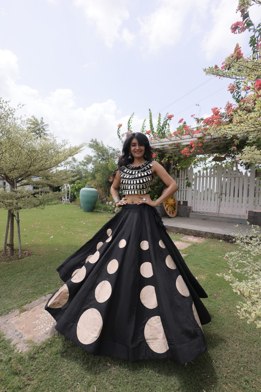 Navratri Special Roman Silk Lehenga Choli with Gota Work - Black