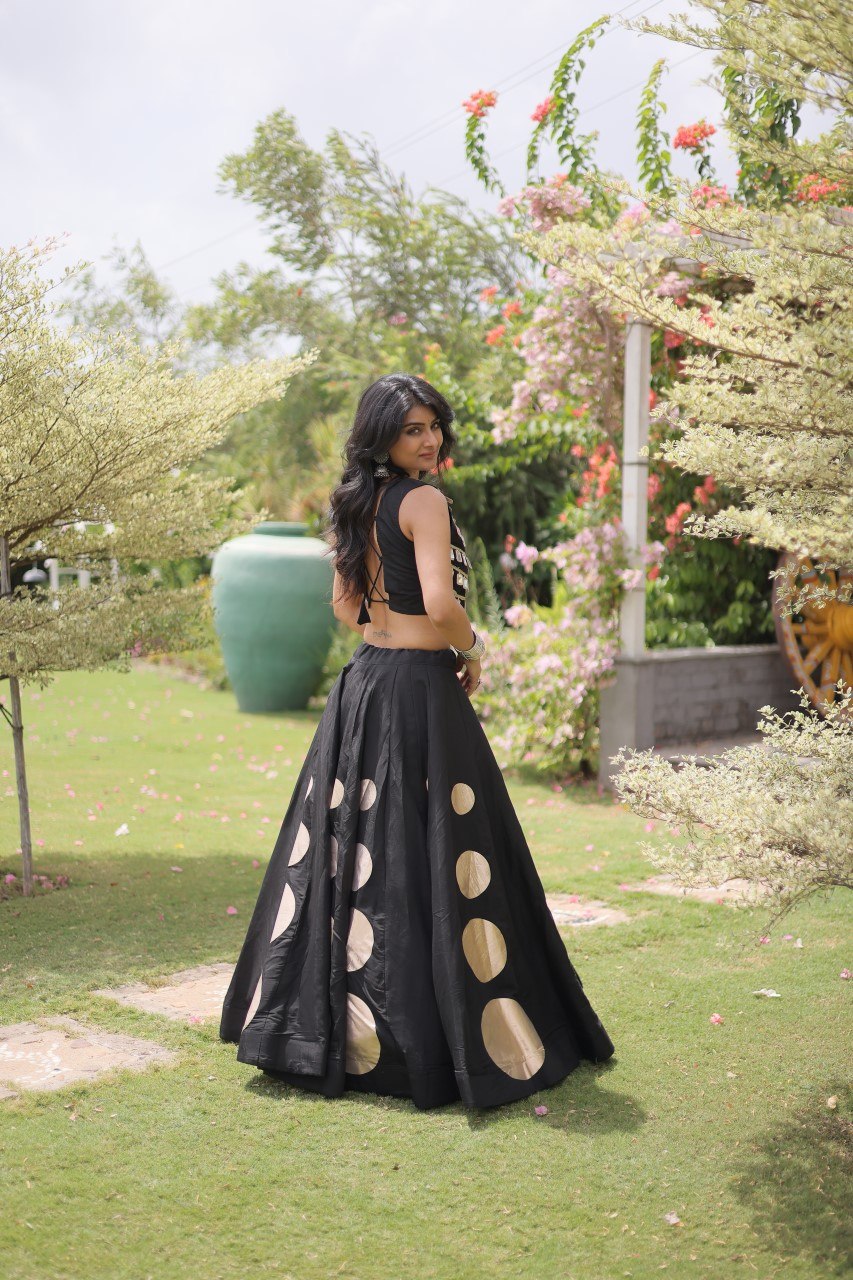 Navratri Special Roman Silk Lehenga Choli with Gota Work - Black