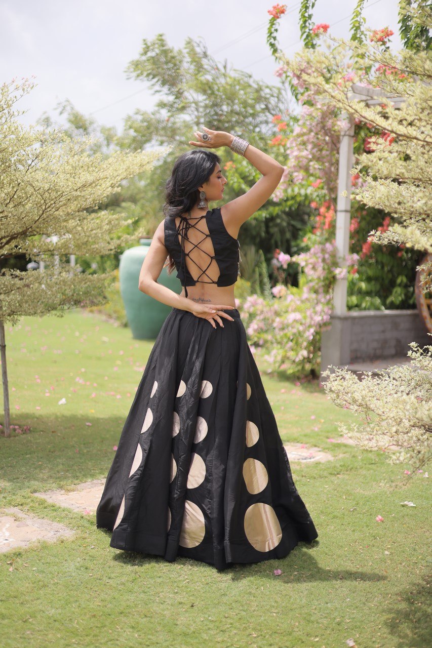 Navratri Special Roman Silk Lehenga Choli with Gota Work - Black