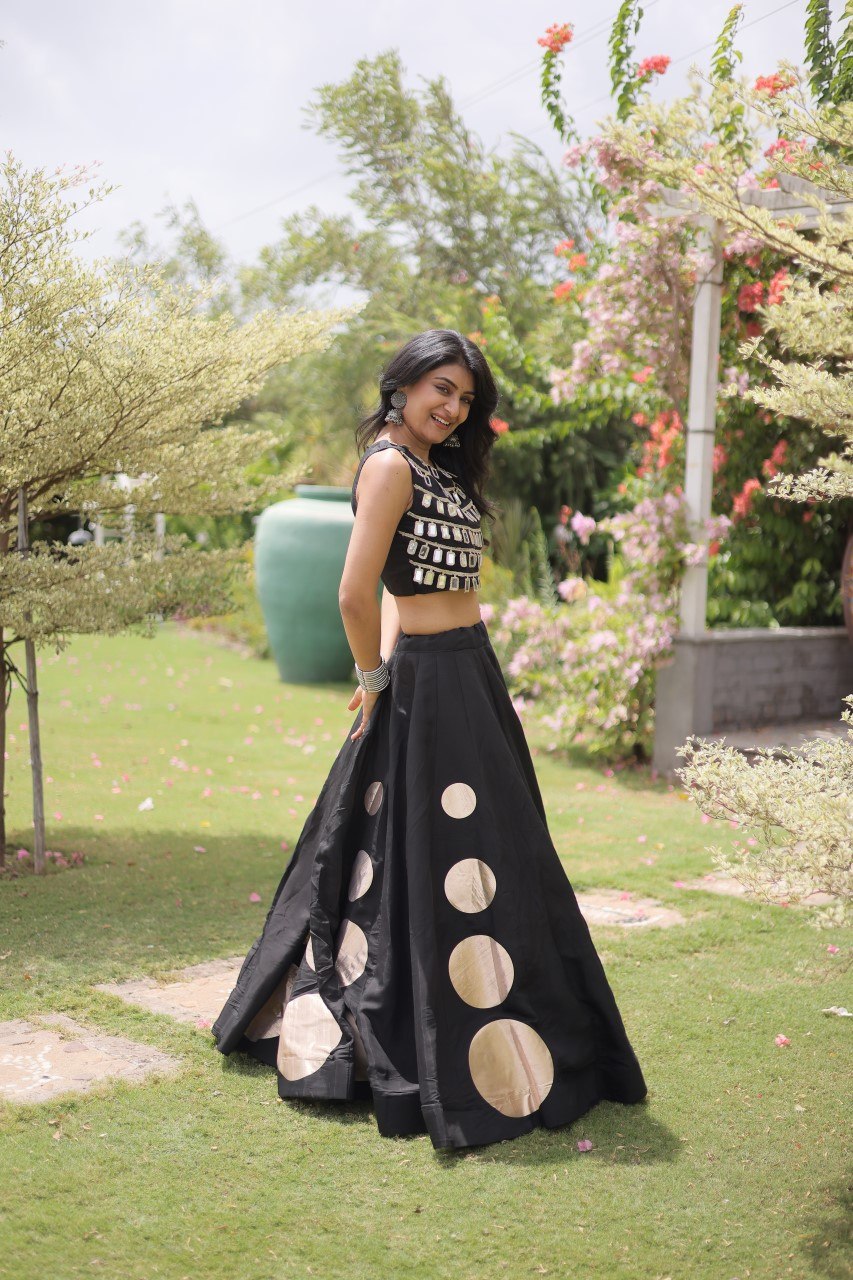 Navratri Special Roman Silk Lehenga Choli with Gota Work - Black