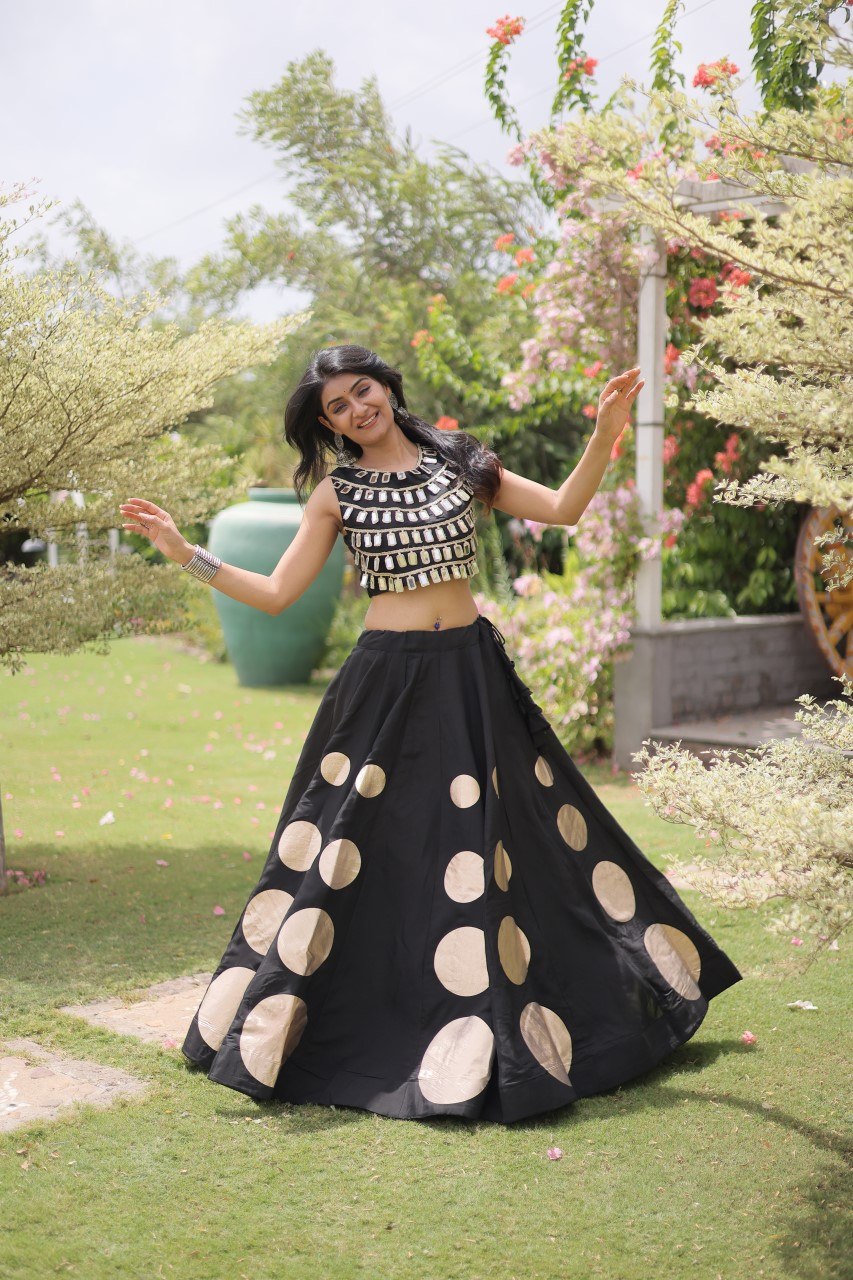 Navratri Special Roman Silk Lehenga Choli with Gota Work - Black
