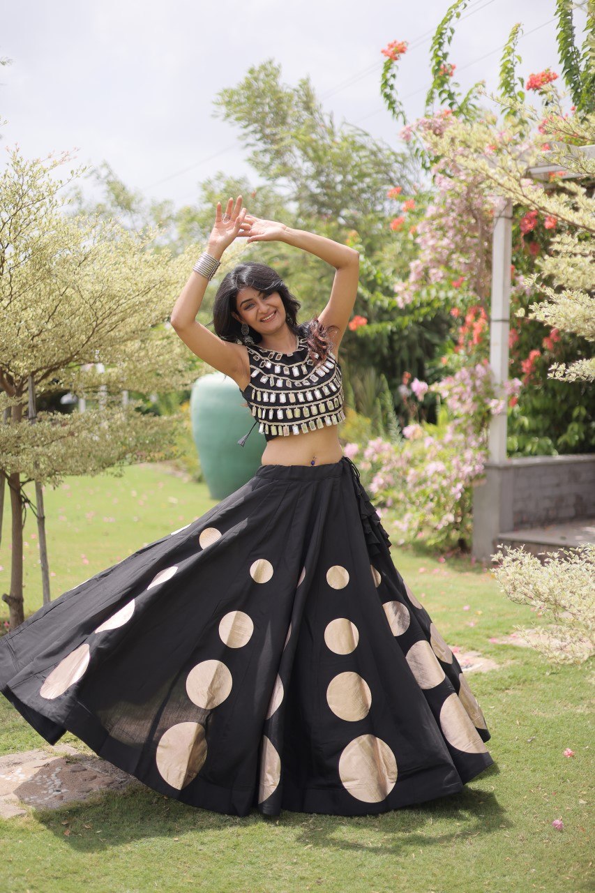 Navratri Special Roman Silk Lehenga Choli with Gota Work - Black