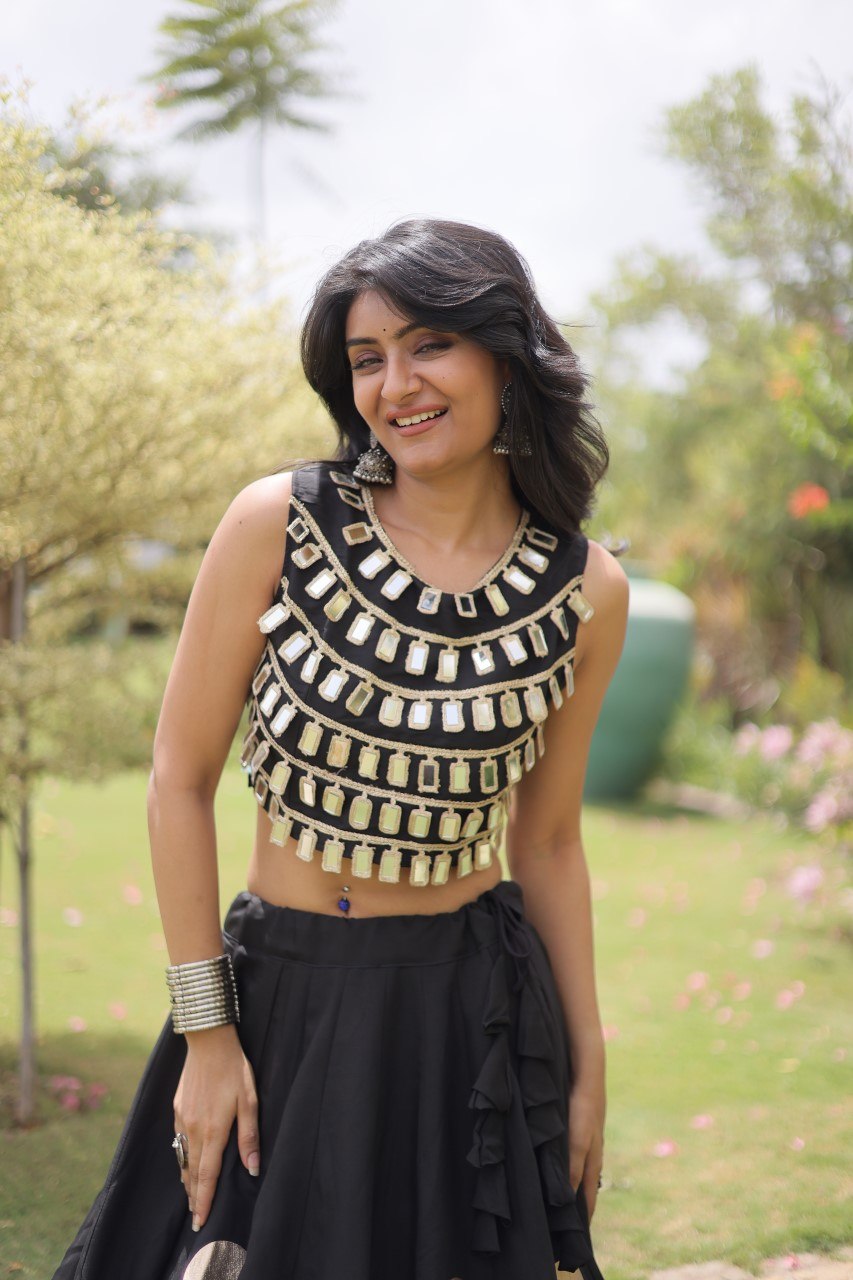 Navratri Special Roman Silk Lehenga Choli with Gota Work - Black