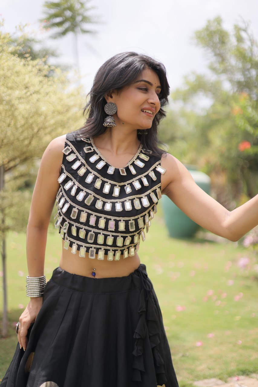 Navratri Special Roman Silk Lehenga Choli with Gota Work - Black