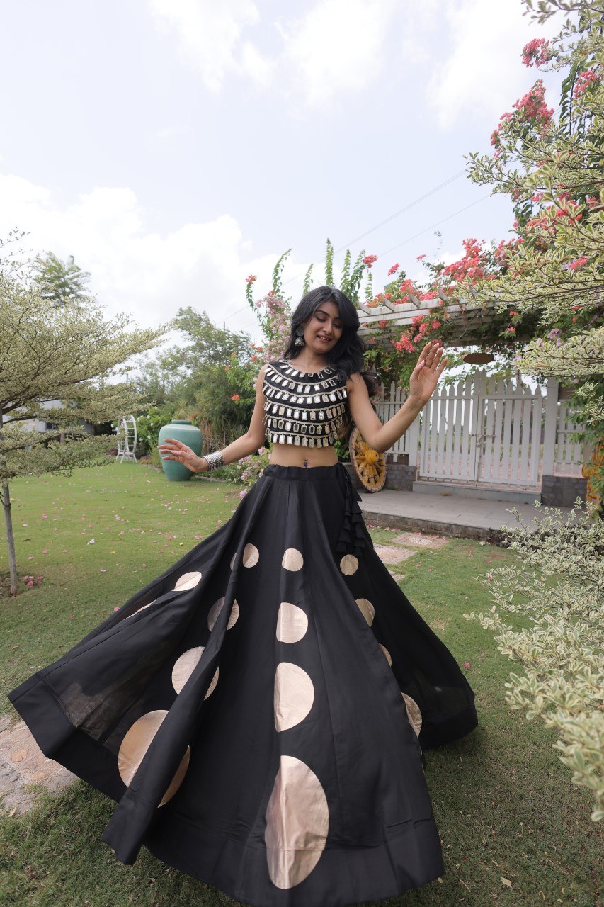 Navratri Special Roman Silk Lehenga Choli with Gota Work - Black